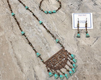3 piece Czech Glass Bead Jewelry Set: Vintaj Natural Brass, Turquoise Flower Necklace