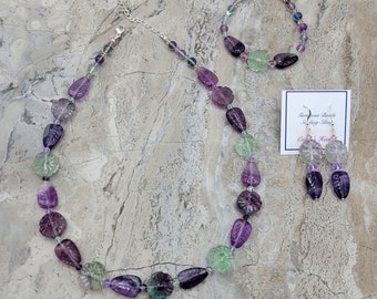 3 pc Fluorite jewelry set, Purple gemstone necklace, Floral jewelry, Carved Leaf necklace, Flowers & Leaves jewelry, Purple-Aqua jewelry set