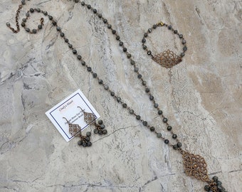 3 pc Labradorite & Vintaj Natural Brass necklace set, Dark grey stone jewelry, Long gray necklace with dangles, Handcrafted beaded chain set