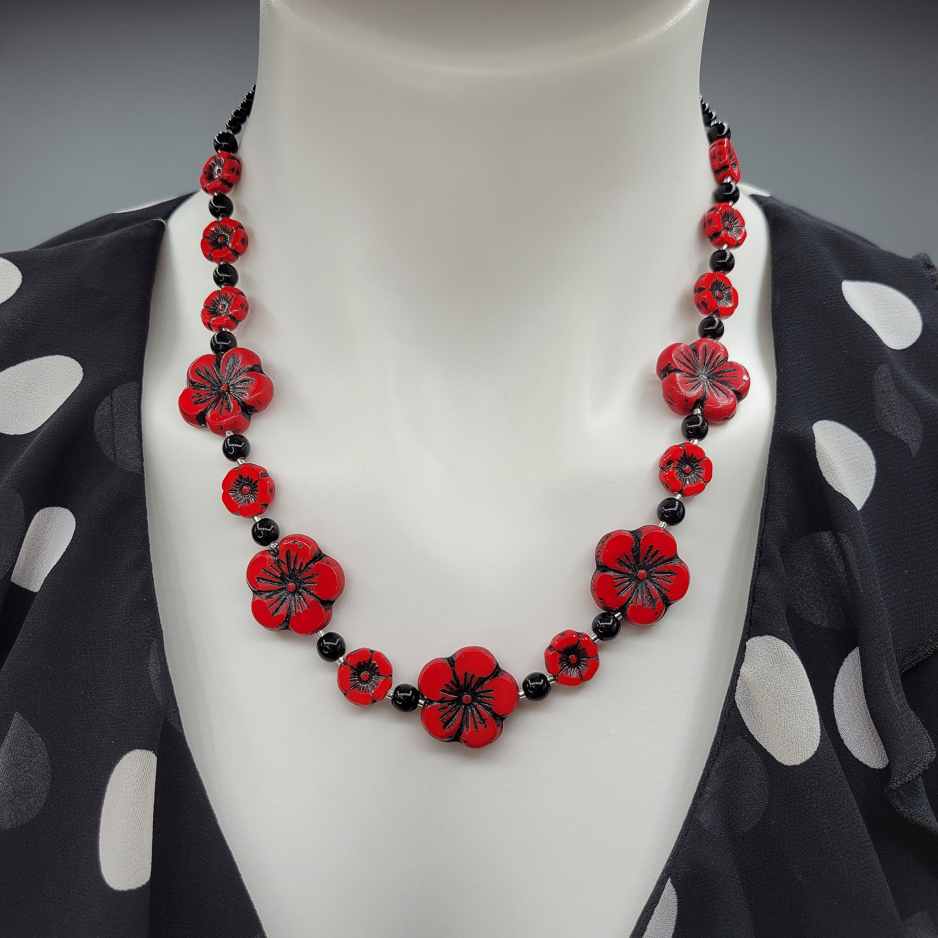 Red and black floral necklace set Red and black jewelry Etsy