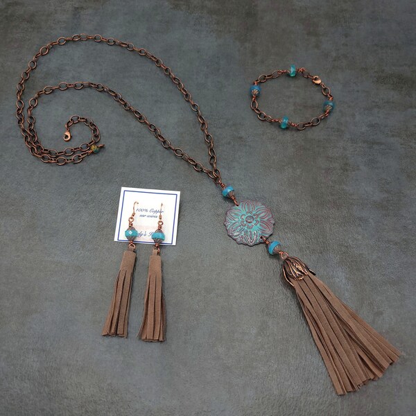 3 pc set, Turquoise and brown necklace, Leather tassel necklace, Turquoise and Copper jewelry, Long tassel necklace, Aqua and Brown jewelry