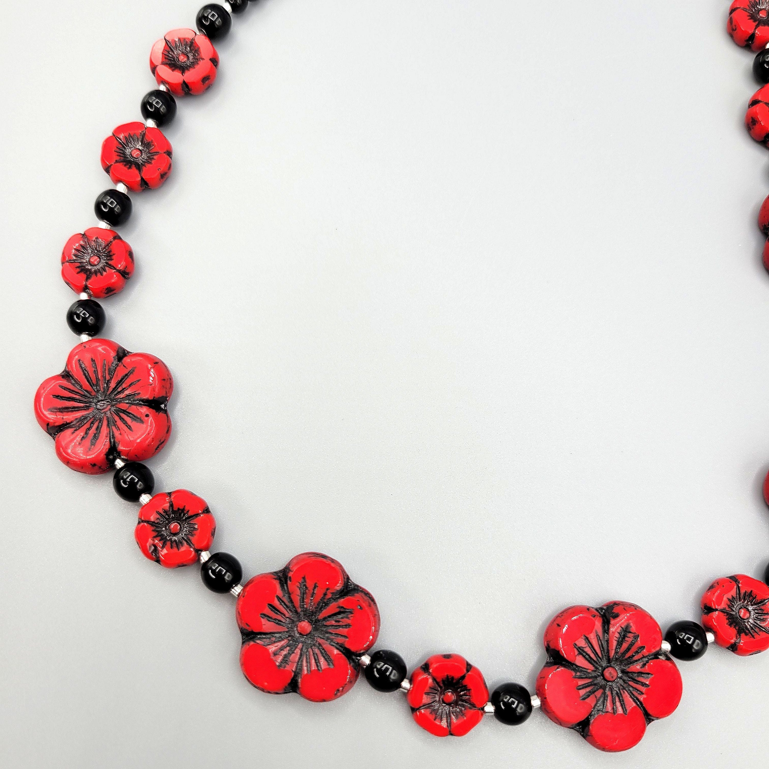 Red and black floral necklace set Red and black jewelry Etsy
