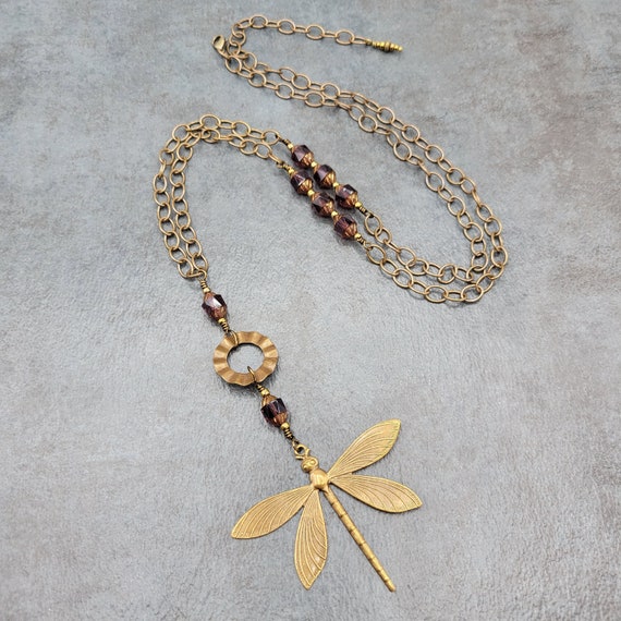 3 piece Dragonfly Necklace Set: Vintaj Natural Brass & Purple Czech Glass Jewelry