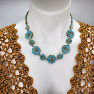 3 piece Robin&#39;s Egg Blue Floral Jewelry Set: Czech Glass with Antique Brass Components