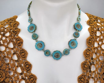 3 piece Robin's Egg Blue Floral Jewelry Set: Czech Glass with Antique Brass Components