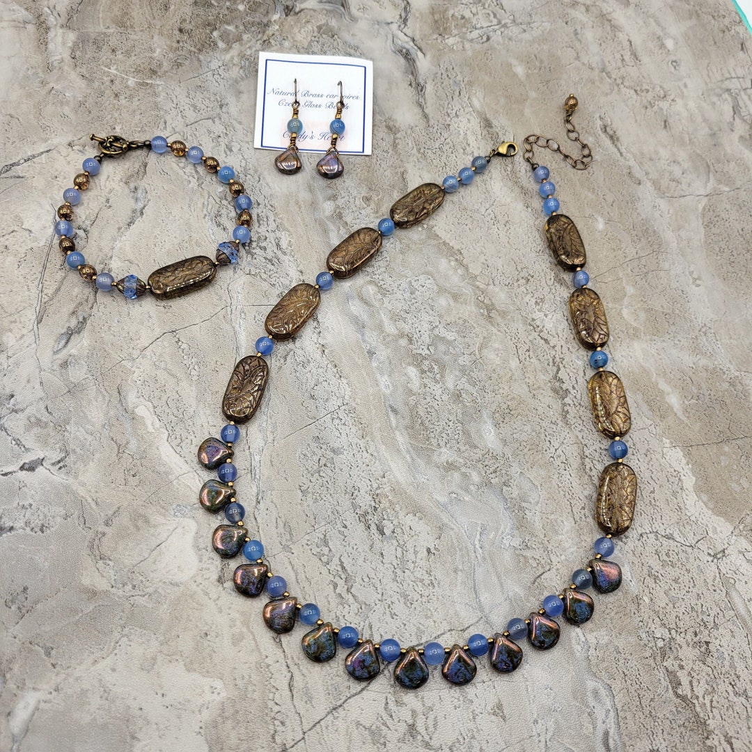 3 Pc Blue and Bronze Jewelry Set, Blue Agate and Czech Glass Necklace