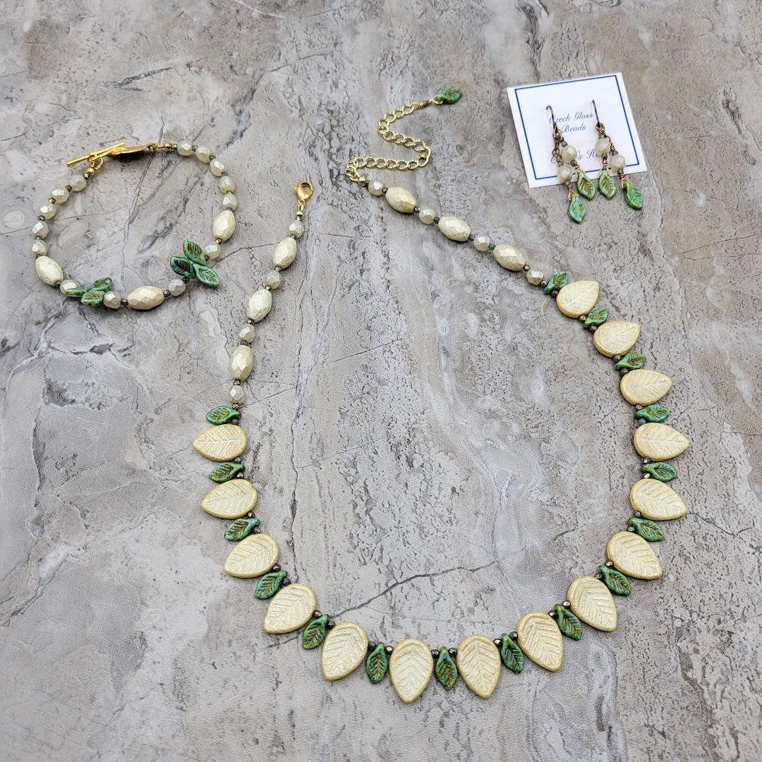 3 Pc Ivory & Green Leaf Necklace Set, Czech Glass Ivory and Green Fan