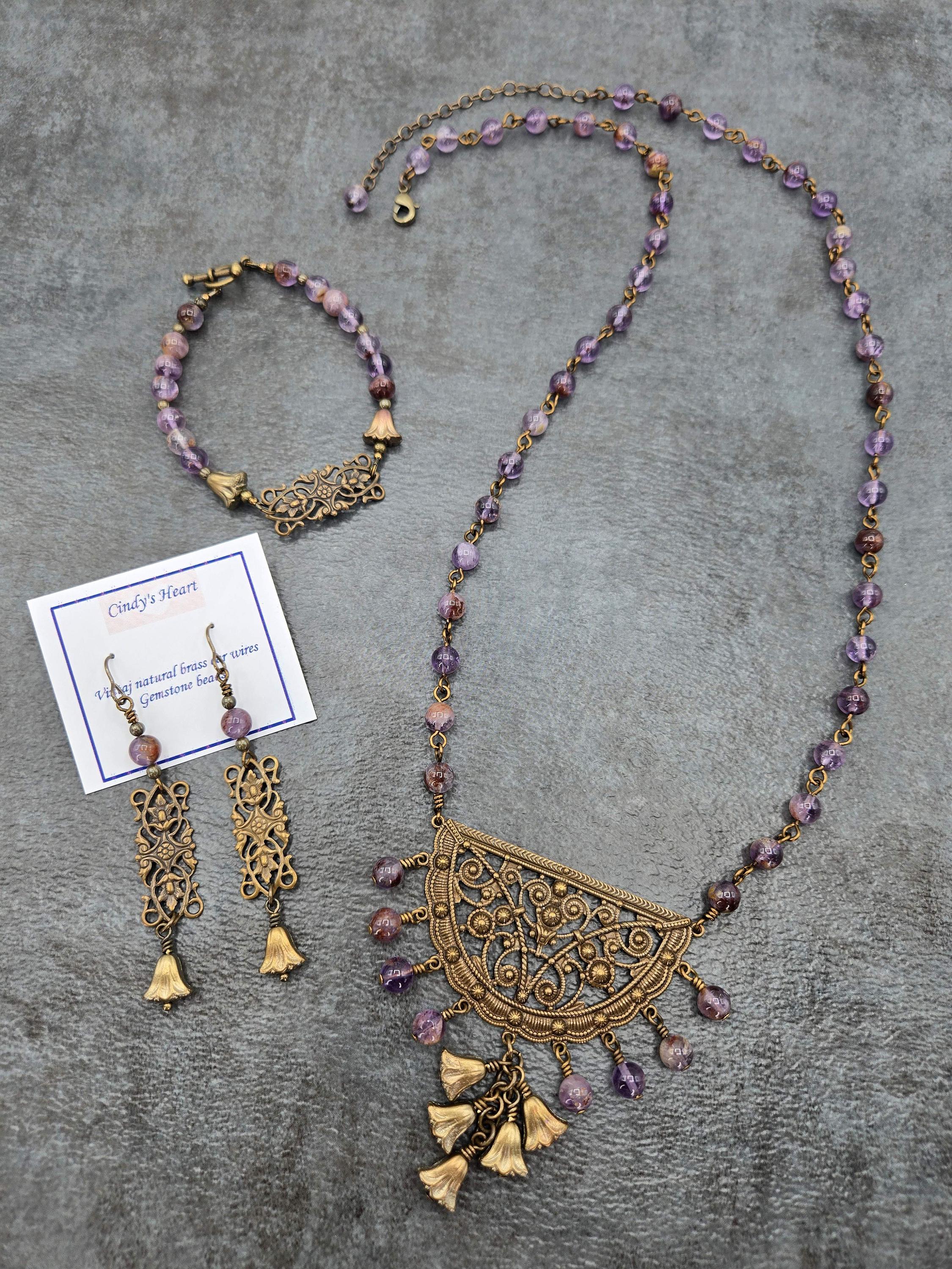 3 pc Cacoxenite Amethyst & Vintaj Natural Brass necklace set, Filigree fan and Rectangles - Czech glass lily beads, Handcrafted beaded chain