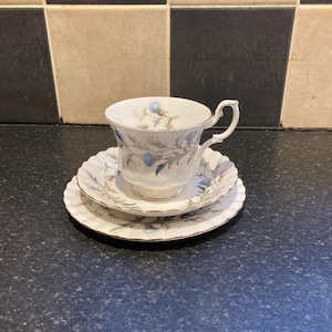 Peut inclure: Une tasse à thé et une soucoupe blanches avec un motif floral. La tasse a une bordure dorée et une poignée délicate. La soucoupe a un bord festonné.