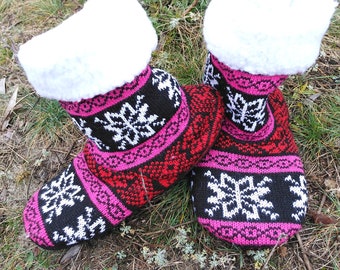 Knitted Boots-Slippers, Long Warm Socks with an Ornament for Women, Gift for Her