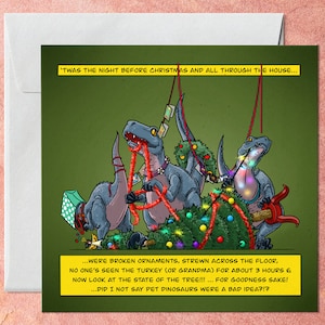 Velociraptor-dinosauruskerstkaart met grappig bijschrift, citaatkaart kerstversiering voor hem, pakket cadeaubonnen voor vriend