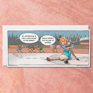 Grappige quote kerstkaart met komische rendieren cartoon, humoristische afbeelding van Rudolf's eenvoudige leerling, cadeaubon voor vriend.