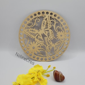 Round wooden base sculpted with butterfly and flowers, round 6 inch wooden base for crochet