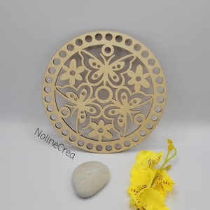 Round wooden base sculpted with butterflies and flowers, round 6 inch wooden base for crochet