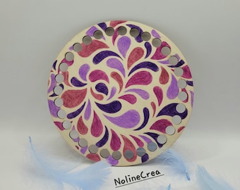 Round wooden base customized with mandala drawing, 6 inch base violet colors