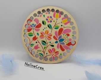 Round wooden base customized with mandala drawing flowers, 6 inch base