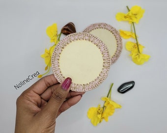 Wooden crochet coasters, round beige and pink coasters