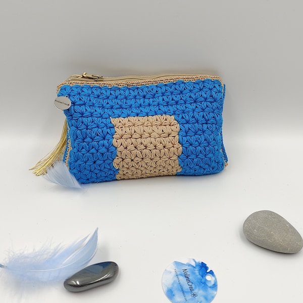 Petit porte-monnaie bleu et beige fait main au crochet, bleu et beige, porte monnaie bleu et beige point étoile, accessoire pour femme