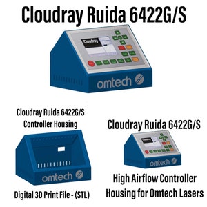 May include: A blue 3D printed model of a controller housing for a Cloudray Ruida 6422G/S laser engraver. The model is labeled "omtech" and includes a digital 3D print file (STL).