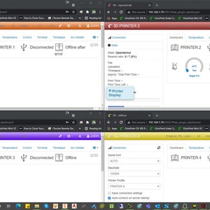 May include: Screenshot of a computer screen showing four browser windows, each displaying a different dashboard for a 3D printer. The dashboards show the printer's status, temperature, control settings, and other information. The printers are labeled "3D Printer 1", "3D Printer 2", "3D Printer 3", and "3D Printer 4".