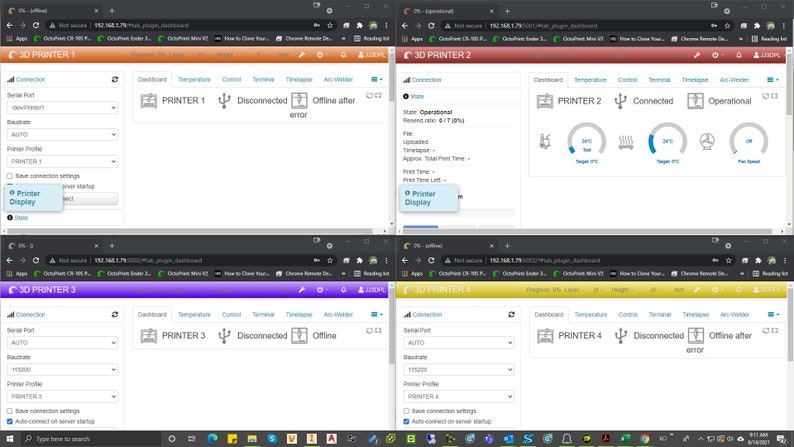 May include: Screenshot of a computer screen showing four browser windows, each displaying a different dashboard for a 3D printer. The dashboards show the printer's status, temperature, control settings, and other information. The printers are labeled "3D Printer 1", "3D Printer 2", "3D Printer 3", and "3D Printer 4".