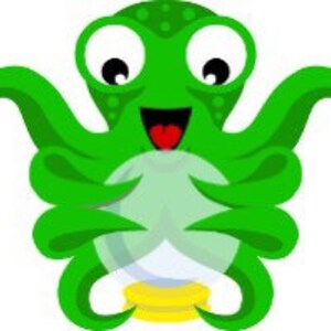 May include: A green cartoon octopus with large eyes and a wide smile holds a clear glass ball on a gold stand. The octopus has eight tentacles.