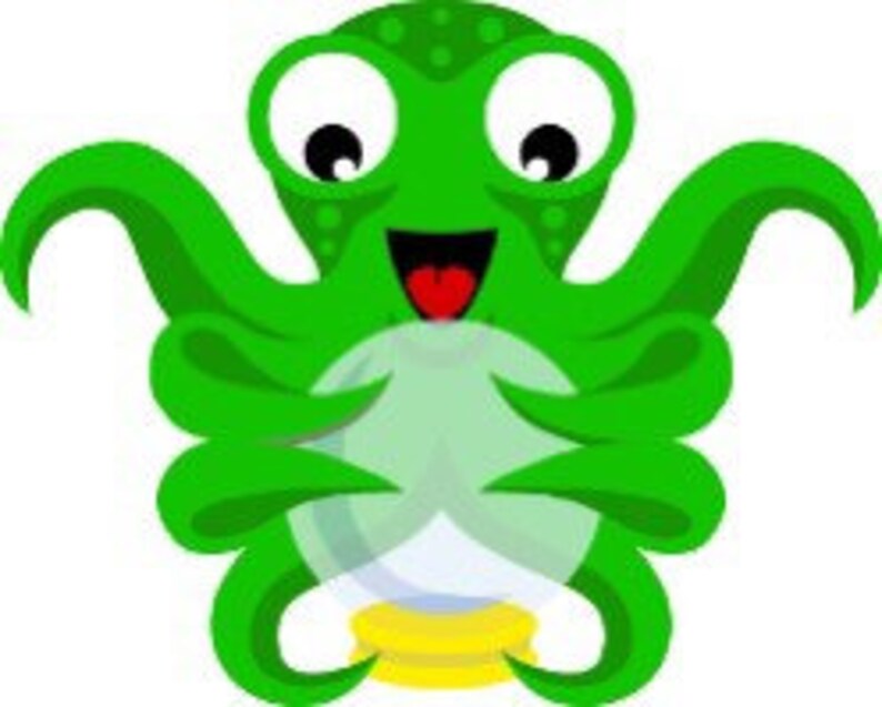 May include: A green cartoon octopus with large eyes and a wide smile holds a clear glass ball on a gold stand. The octopus has eight tentacles.