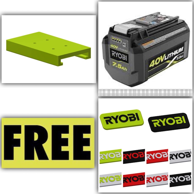 Op de afbeelding: Een groene kunststof basis met een gleuf voor een batterij. De basis heeft een Ryobi-logo en de tekst "GRATIS".