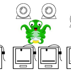 May include: A green cartoon octopus with four arms and four legs is holding a white sphere. The octopus is surrounded by four webcams and four black and white rectangular devices with a white line across the middle.