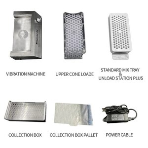 Op de afbeelding: Een set gereedschap voor het maken van capsules, inclusief een trilmachine, een bovenste kegellader, een standaard mengbak en een ontladingsstation plus, een verzamelbox, een verzamelbox-pallet en een stroomkabel.