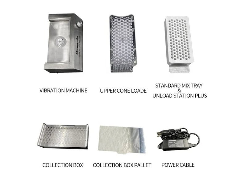 Op de afbeelding: Een set gereedschap voor het maken van capsules, inclusief een trilmachine, een bovenste kegellader, een standaard mengbak en een ontladingsstation plus, een verzamelbox, een verzamelbox-pallet en een stroomkabel.