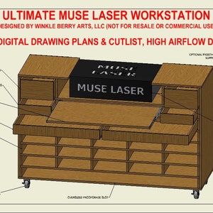 Może przedstawiać: Drewniana stacja robocza zaprojektowana do lasera Muse. Stacja robocza posiada dużą powierzchnię roboczą, wiele szuflad i półek do przechowywania. Laser jest zamontowany na górze stacji roboczej. Tekst "ULTIMATE MUSE LASER WORKSTATION" znajduje się w górnej części obrazu. Tekst "DESIGNED BY WINKLE BERRY ARTS, LLC (NOT FOR RESALE OR COMMERCIAL USE)" znajduje się pod tytułem. Tekst "FULL DIGITAL DRAWING PLANS & CUTLIST, HIGH AIRFLOW DESIGN" znajduje się pod drugim wierszem tekstu.