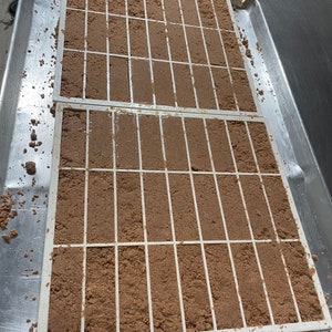 Puede incluir: Una bandeja de plástico blanco con un patrón de cuadrícula llena de una sustancia marrón. La bandeja está sobre una superficie de metal plateado.