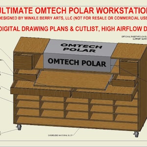 May include: A detailed drawing of a wooden workstation designed for an OMTECH POLAR laser cutter. The workstation features a large work surface, multiple drawers, and shelves for storage. The design includes a large airflow clearance around the laser cutter for optimal ventilation.