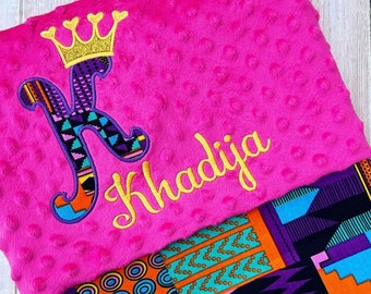 African print baby Blanket/ Ankara throw blanket/ Baby gift/ Minky blanket/ Purple Kente/Ankara baby blanket, Letter crown