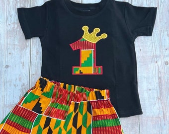 African boy outfit, Ankara boy clothes, African print boy number shirt with crown, Kente shorts