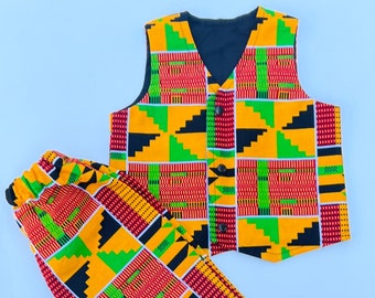 Tenue garçon imprimé africain/ Tenue garçon Ankara/ Pantalon garçon Ankara/ Vêtements africains pour bébé/ Gilet garçon Ankara/ Set de 3 pièces vert kente