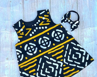 Ankara Dress, African print dress, Ankara baby dress with headband, African baby outfit yellow black