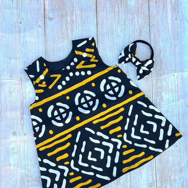 Ankara Dress, African print dress, Ankara baby dress with headband, African baby outfit yellow black