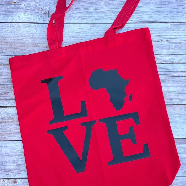 Africa Love Tote bag,  100% Cotton Canvas Tote Bags, Black girl tote, Africa map tote, Afro gift, Red tote