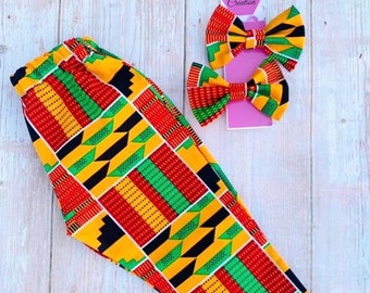 African Print Kids Pants: Kente Ankara Style, with Hair Clips