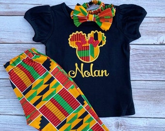 African Print Baby Outfit: Ankara Pants, Embroidered Shirt & Headband
