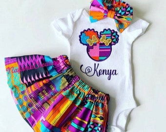 African print embroidered outfit set, Ankara skirt, personalized T-shirt , Headband, African baby clothes, Afro puff