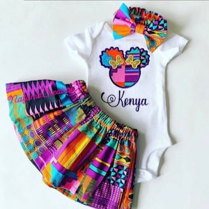 African print embroidered outfit set, Ankara skirt, personalized T-shirt , Headband, African baby clothes, Afro puff