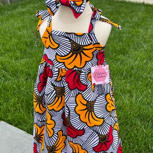 Ankara Khadija Dress, African print dress, Ankara baby dress with headband, African baby outfit, fleur de marriage dress with straps