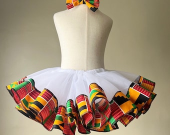 Girl's Tutu Skirt: Kente African Print with Headband