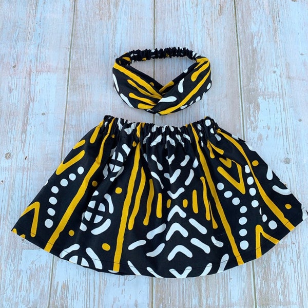 African print girl skirt, Bogolan inspired skirt and headband