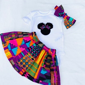 African print embroidered outfit set/ Ankara skirt/ personalized T-shirt , Headband/ African Print/