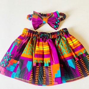 African Print Girl skirt set/ Ankara Girl skirt/ Kente Headband/ Ankara Headband/ Purple Kente skirt set