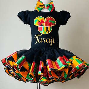 Afro puff/ African print girl Birthday Tutu set/ African print girl outfit/ Ankara outfit/Green kente outfit